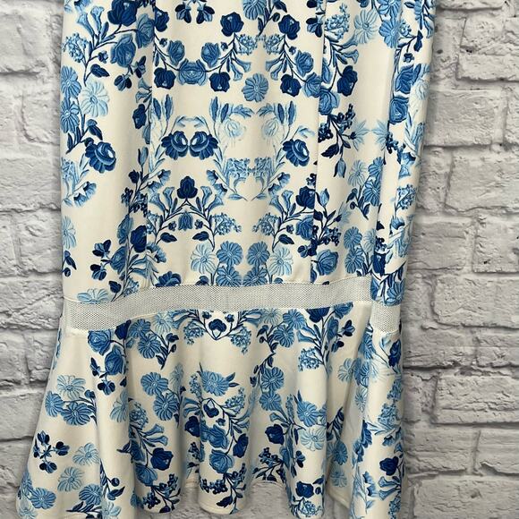 Donna Morgan White Blue Floral Sleeveless Scuba Tea Dress Size 4 New - Picture 4 of 6